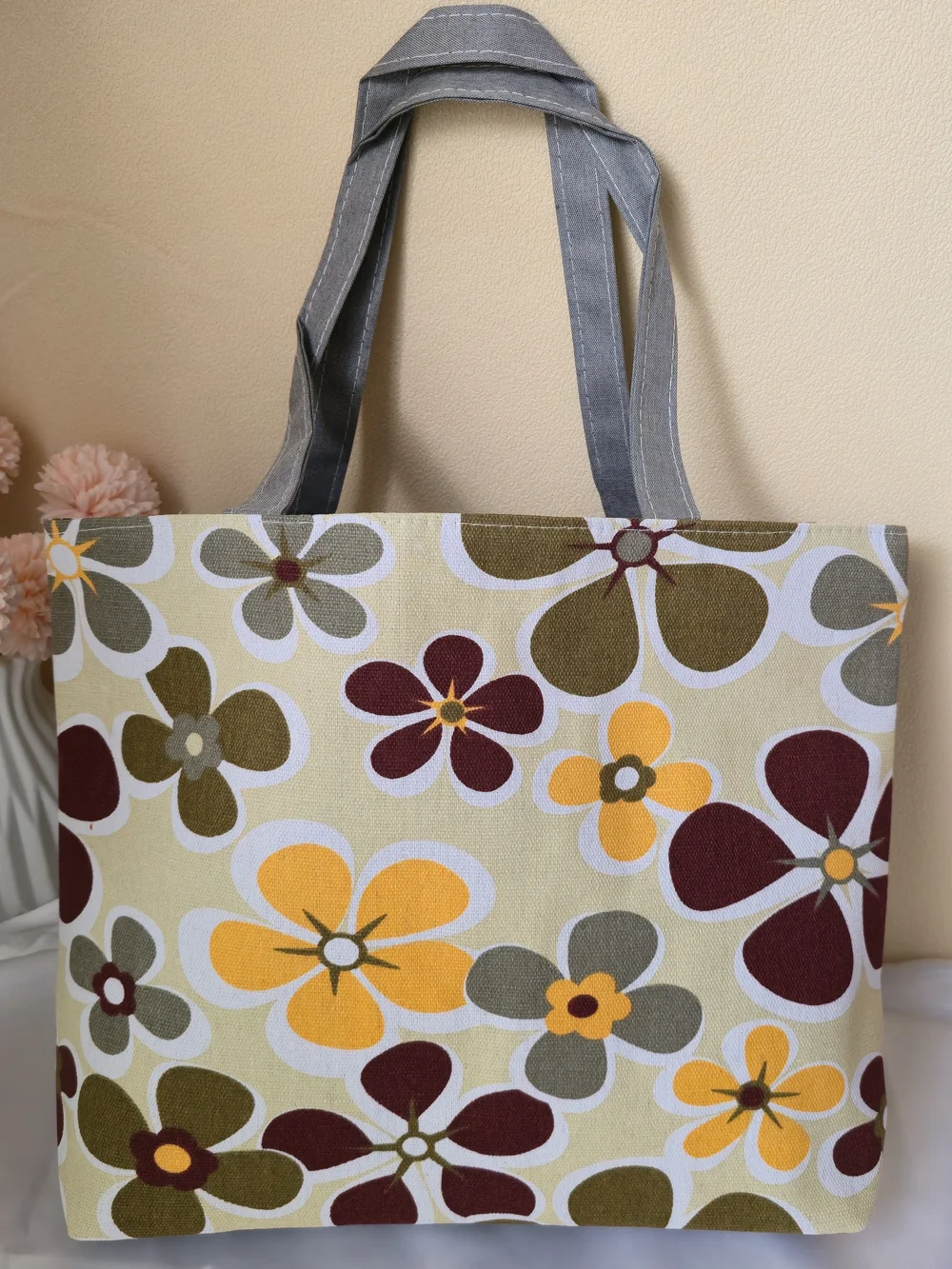 Floral Canvas Tote Bag in Yellow, Olive , Cream & Gray -‎ LARGE